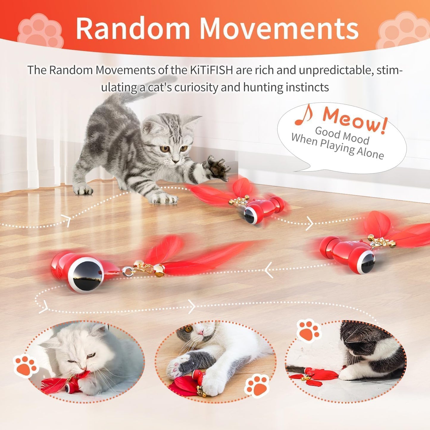 Interactive Cat Toys the Kitifish Rechargeable Automatic Cat Toy for Indoor Cats with Feather and Bell Fast Rolling on Hard Carpet Motion Activate Kitten Toys