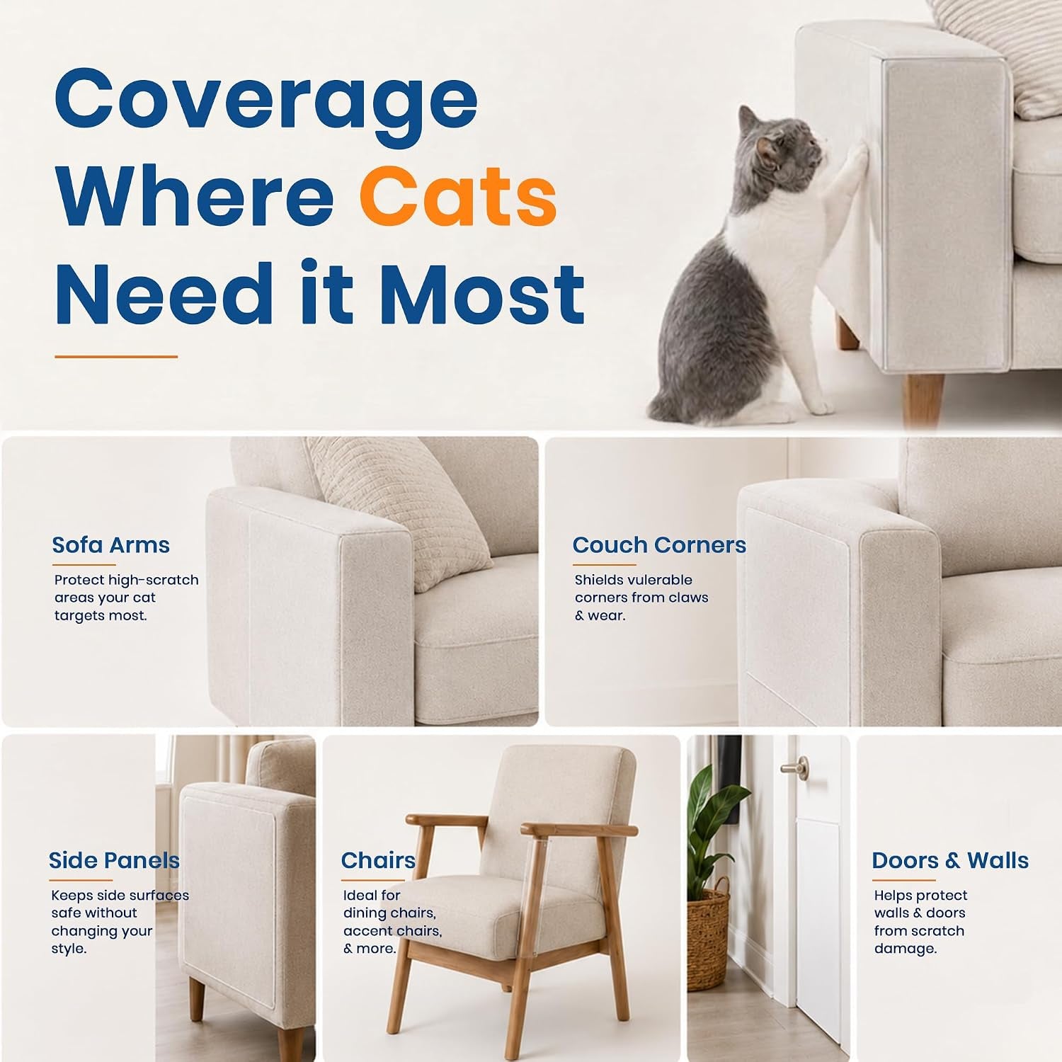 ® Cat Scratch Furniture Protector, 12 Pack Clear Couch Protector from Cat Claws with 50 Twist Pins for Sofa Corners, Doors and Walls