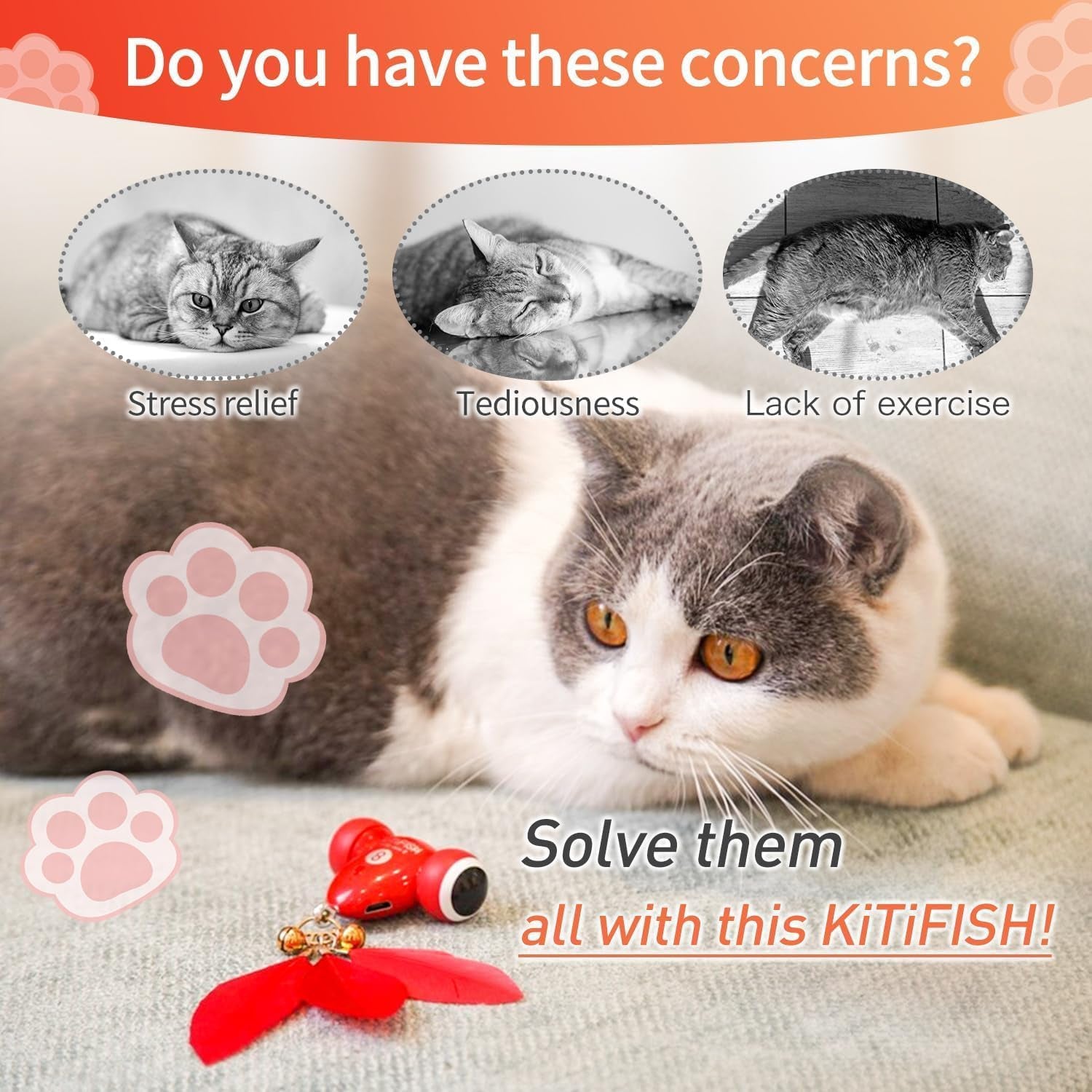Interactive Cat Toys the Kitifish Rechargeable Automatic Cat Toy for Indoor Cats with Feather and Bell Fast Rolling on Hard Carpet Motion Activate Kitten Toys