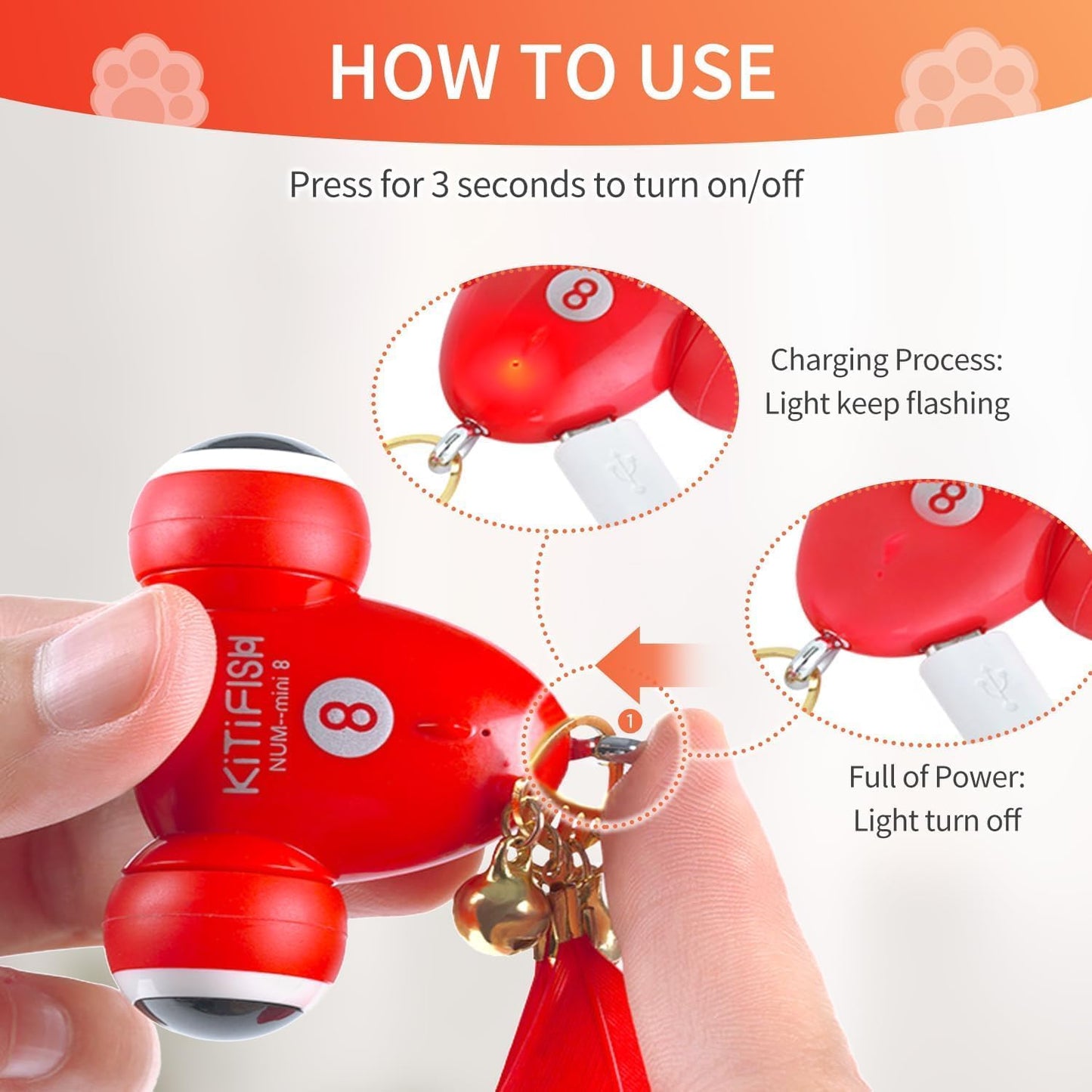 Interactive Cat Toys the Kitifish Rechargeable Automatic Cat Toy for Indoor Cats with Feather and Bell Fast Rolling on Hard Carpet Motion Activate Kitten Toys