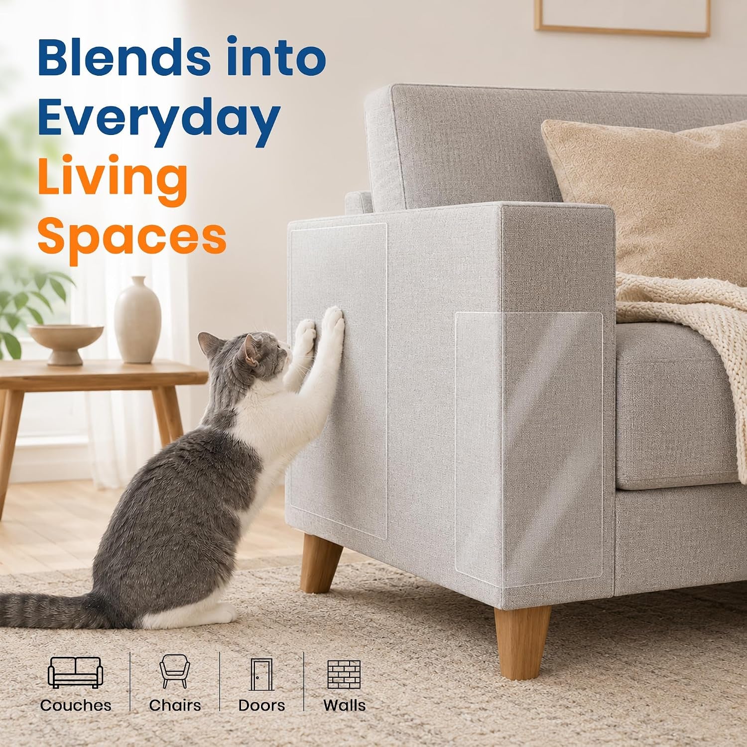 ® Cat Scratch Furniture Protector, 12 Pack Clear Couch Protector from Cat Claws with 50 Twist Pins for Sofa Corners, Doors and Walls