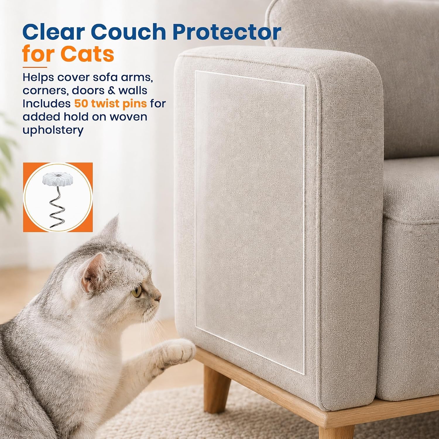 ® Cat Scratch Furniture Protector, 12 Pack Clear Couch Protector from Cat Claws with 50 Twist Pins for Sofa Corners, Doors and Walls