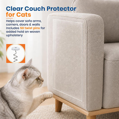 ® Cat Scratch Furniture Protector, 12 Pack Clear Couch Protector from Cat Claws with 50 Twist Pins for Sofa Corners, Doors and Walls